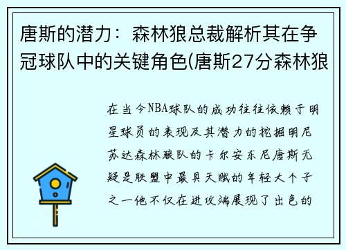 唐斯的潜力:森林狼总裁解析其在争冠球队中的关键角色(唐斯27分森林狼灭公牛)