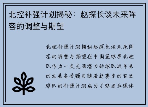 北控补强计划揭秘:赵探长谈未来阵容的调整与期望