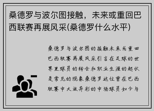 桑德罗与波尔图接触，未来或重回巴西联赛再展风采(桑德罗什么水平)