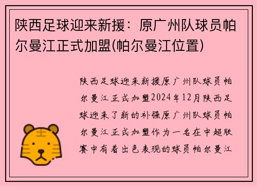 陕西足球迎来新援：原广州队球员帕尔曼江正式加盟(帕尔曼江位置)