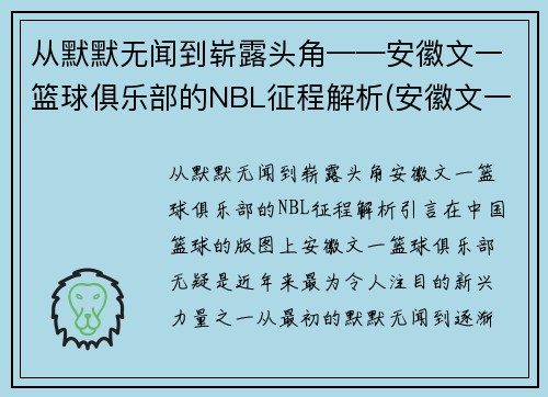 从默默无闻到崭露头角——安徽文一篮球俱乐部的NBL征程解析(安徽文一篮球队队员名单)