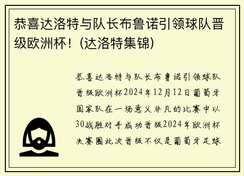 恭喜达洛特与队长布鲁诺引领球队晋级欧洲杯！(达洛特集锦)