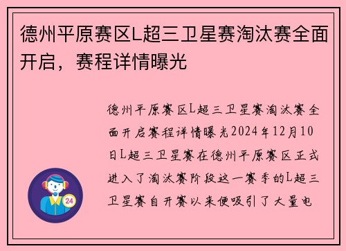 德州平原赛区L超三卫星赛淘汰赛全面开启,赛程详情曝光