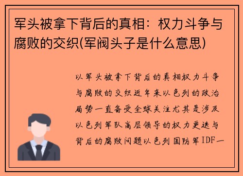 军头被拿下背后的真相：权力斗争与腐败的交织(军阀头子是什么意思)