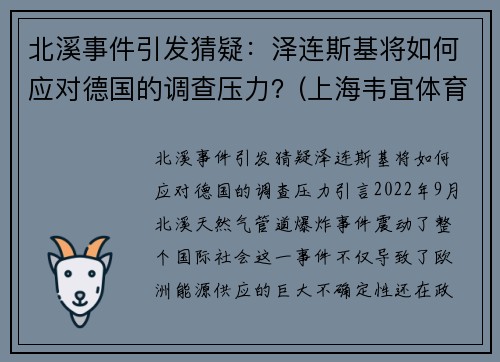 北溪事件引发猜疑：泽连斯基将如何应对德国的调查压力？(上海韦宜体育怎么样)