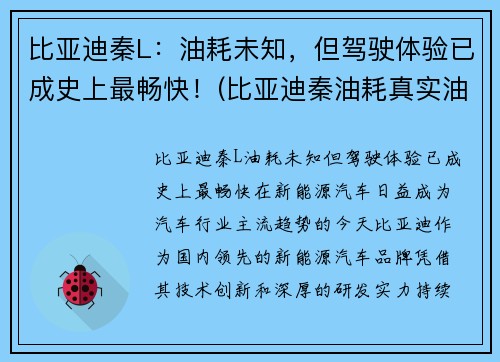 比亚迪秦L：油耗未知，但驾驶体验已成史上最畅快！(比亚迪秦油耗真实油耗报告)