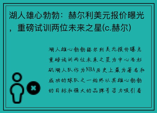 湖人雄心勃勃：赫尔利美元报价曝光，重磅试训两位未来之星(c.赫尔)