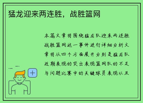 猛龙迎来两连胜，战胜篮网