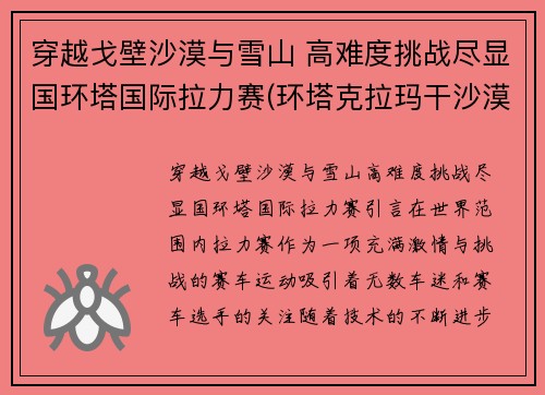 穿越戈壁沙漠与雪山 高难度挑战尽显国环塔国际拉力赛(环塔克拉玛干沙漠拉力赛)