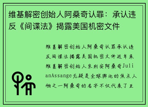 维基解密创始人阿桑奇认罪：承认违反《间谍法》揭露美国机密文件