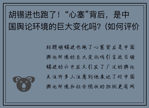 胡锡进也跑了！“心塞”背后，是中国舆论环境的巨大变化吗？(如何评价胡锡进呼吁 知乎)