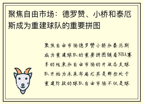 聚焦自由市场：德罗赞、小桥和泰厄斯成为重建球队的重要拼图